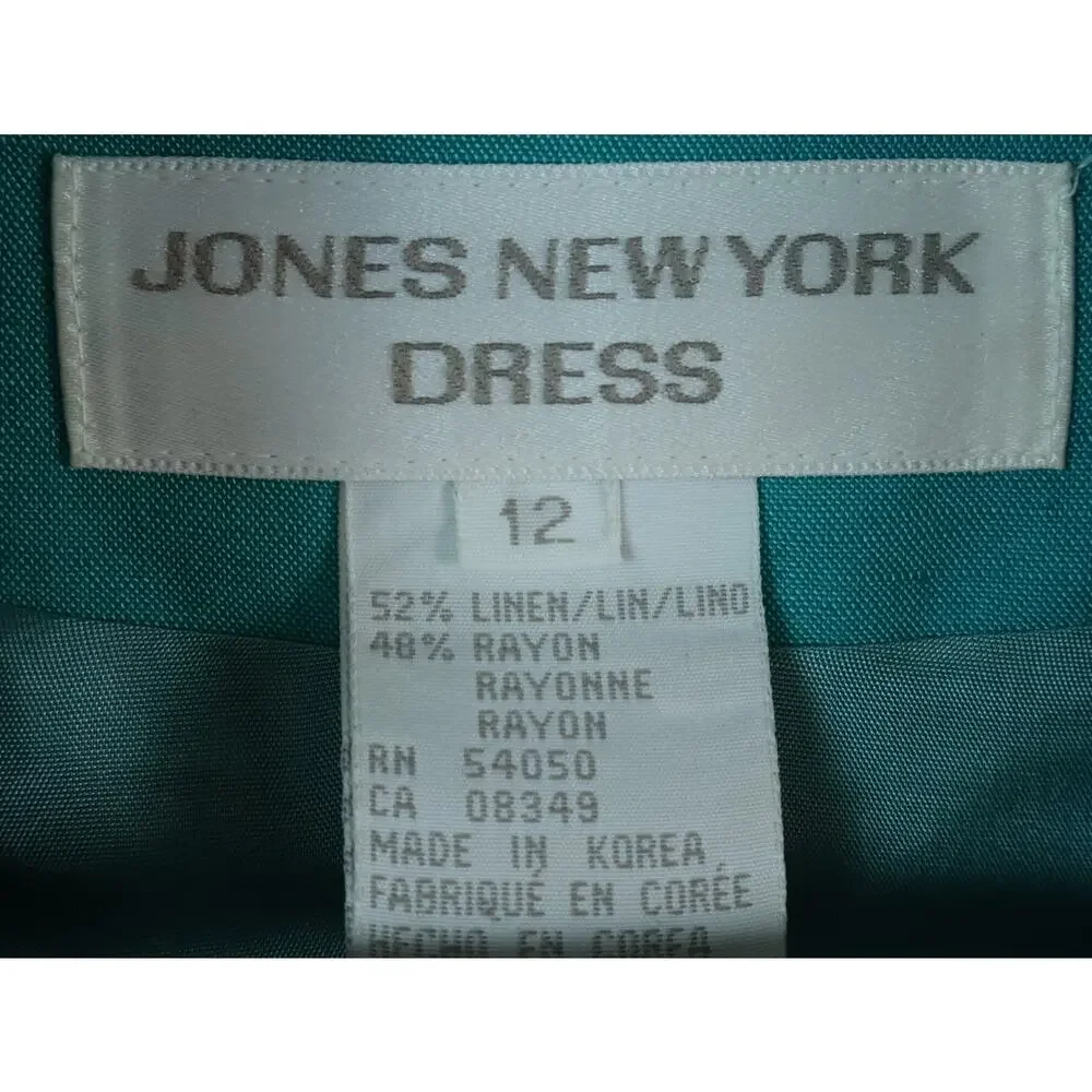 Vintage 90s Jones New York Dress LINEN Seafoam Green Mint Shift Wood Buttons 12 - Picture 6 of 7